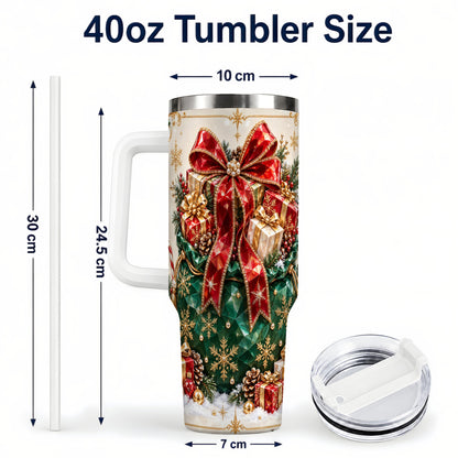 #pl[40oz|White] Christmas Present Sack Tumbler 40oz, Holiday Bow Stainless Steel Travel Cup