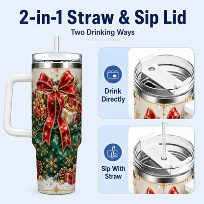#pl[40oz|White] Christmas Present Sack Tumbler 40oz, Holiday Bow Stainless Steel Travel Cup