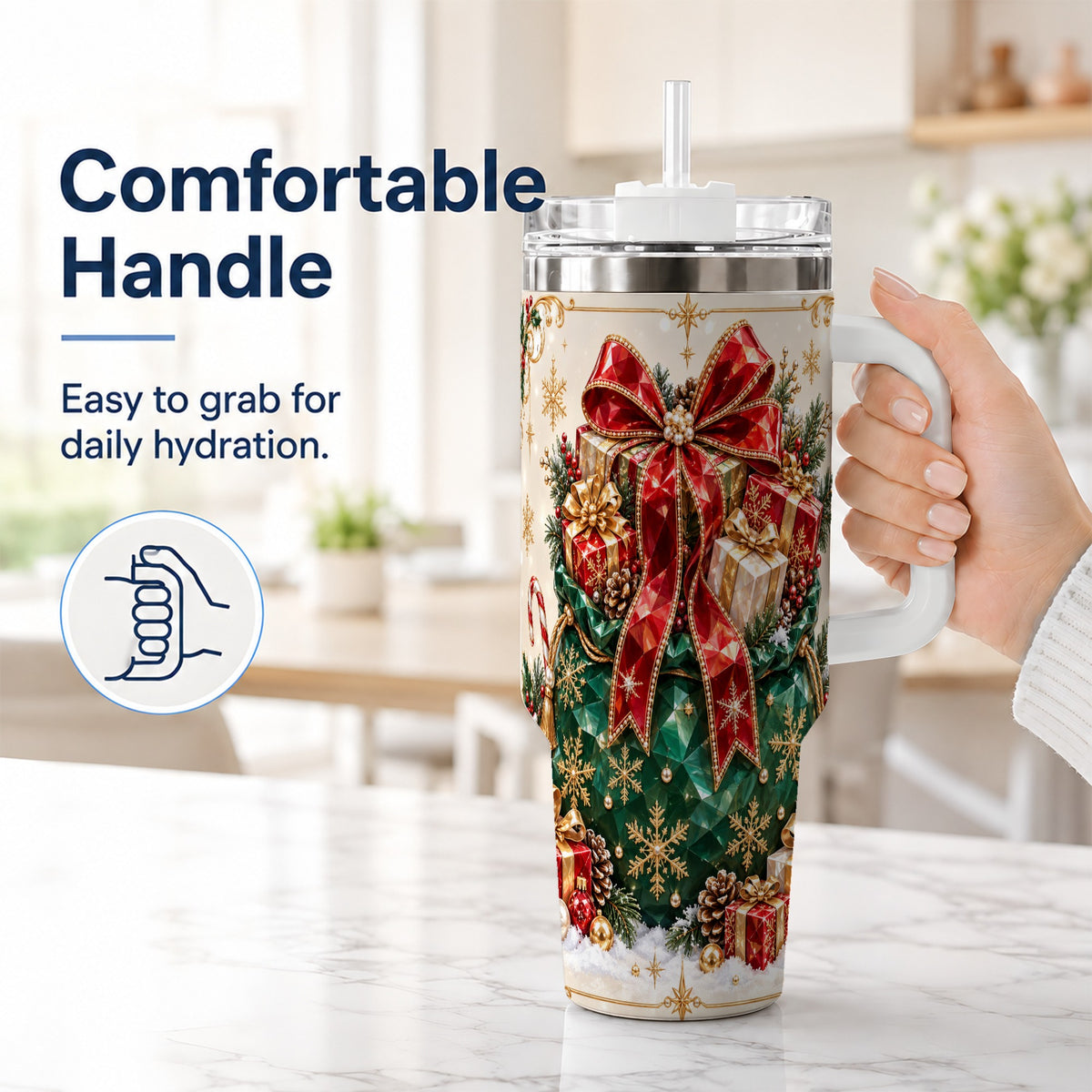 #pl[40oz|White] Christmas Present Sack Tumbler 40oz, Holiday Bow Stainless Steel Travel Cup