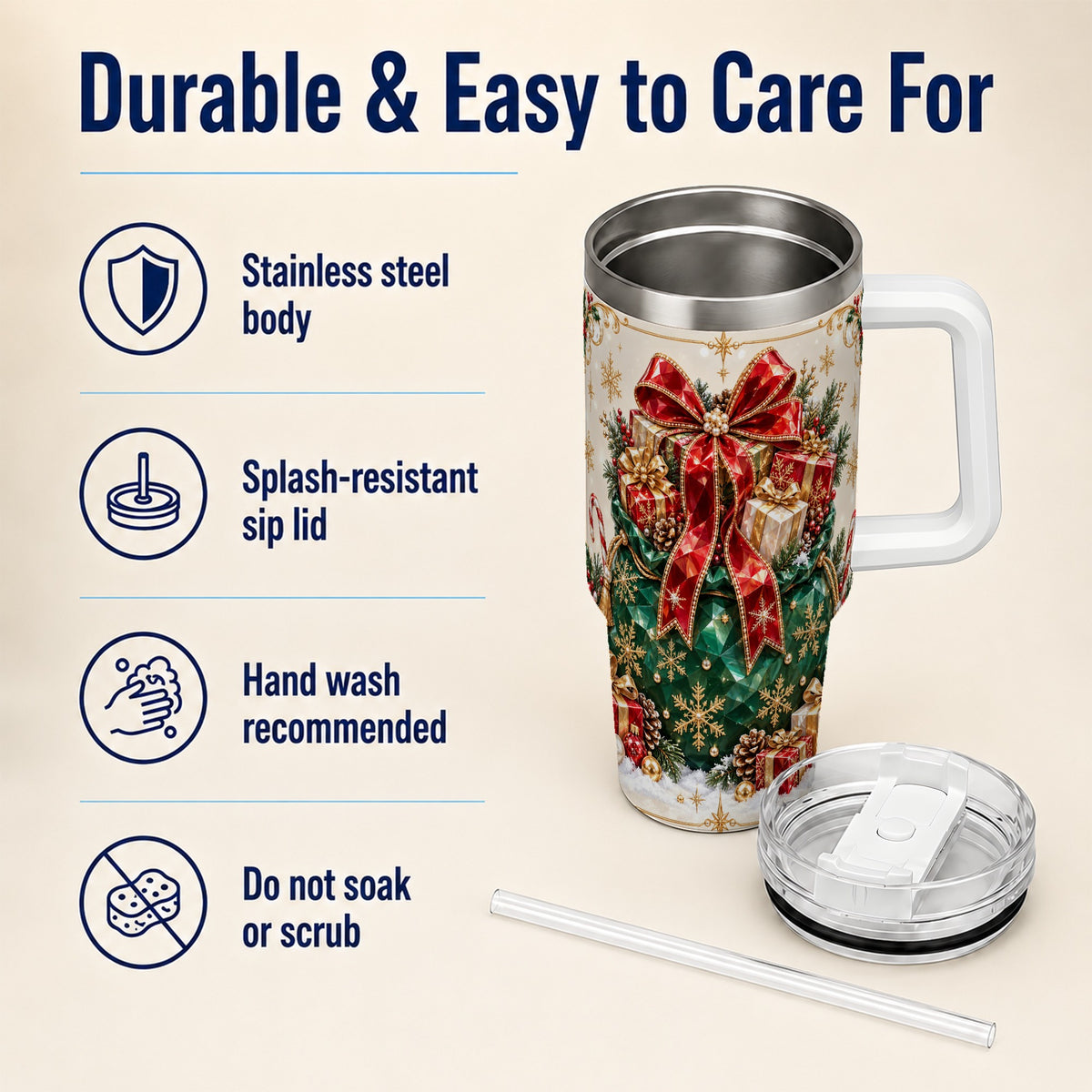 Christmas Present Sack Tumbler 40oz, Holiday Bow Stainless Steel Travel Cup