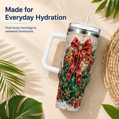 Christmas Present Sack Tumbler 40oz, Holiday Bow Stainless Steel Travel Cup