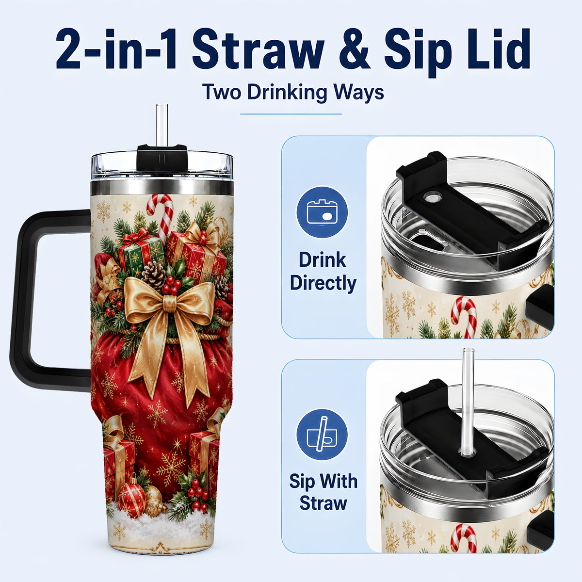 #pl[40oz|Black] Red Christmas Sack Tumbler 40oz, Holiday Stainless Steel Travel Cup