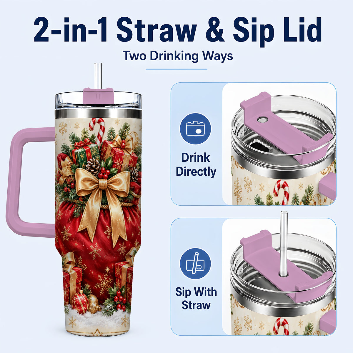 #pl[40oz|Pink] Red Christmas Sack Tumbler 40oz, Holiday Stainless Steel Travel Cup
