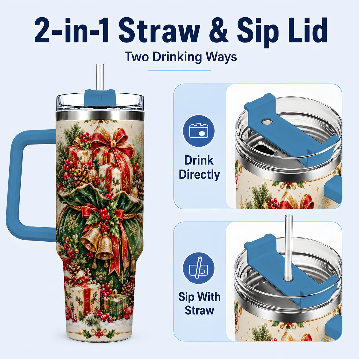 #pl[40oz|Blue] Christmas Present Bag Tumbler 40oz, Holiday Stainless Steel Travel Cup