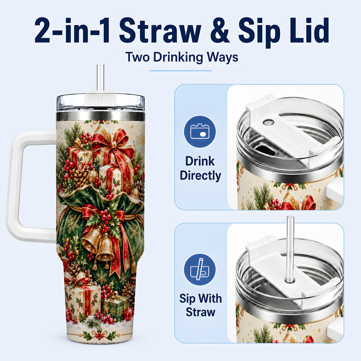 #pl[40oz|White] Christmas Present Bag Tumbler 40oz, Holiday Stainless Steel Travel Cup