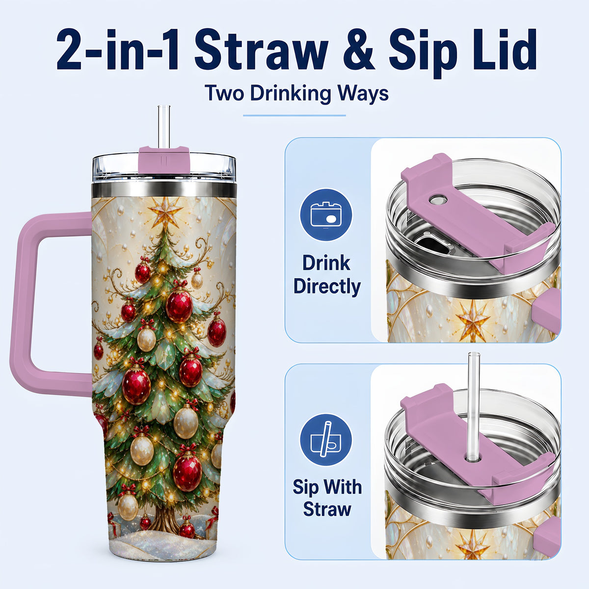 #pl[40oz|Pink] Christmas Tree Tumbler 40oz, Ornament Stainless Steel Travel Cup