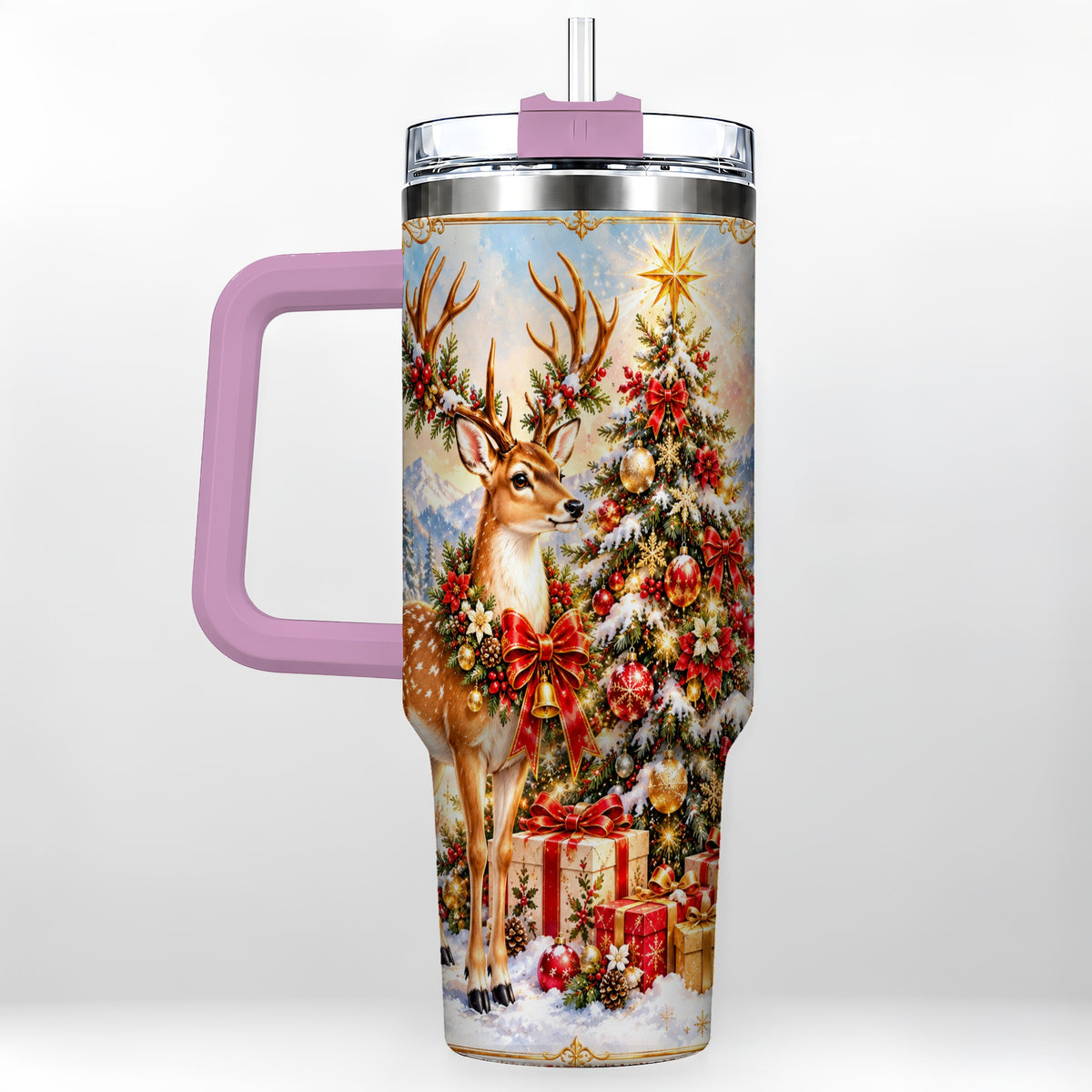 #pl[40oz|Pink] Christmas Deer 40oz Tumbler, Reindeer Tumbler, Stainless Steel Travel Cup