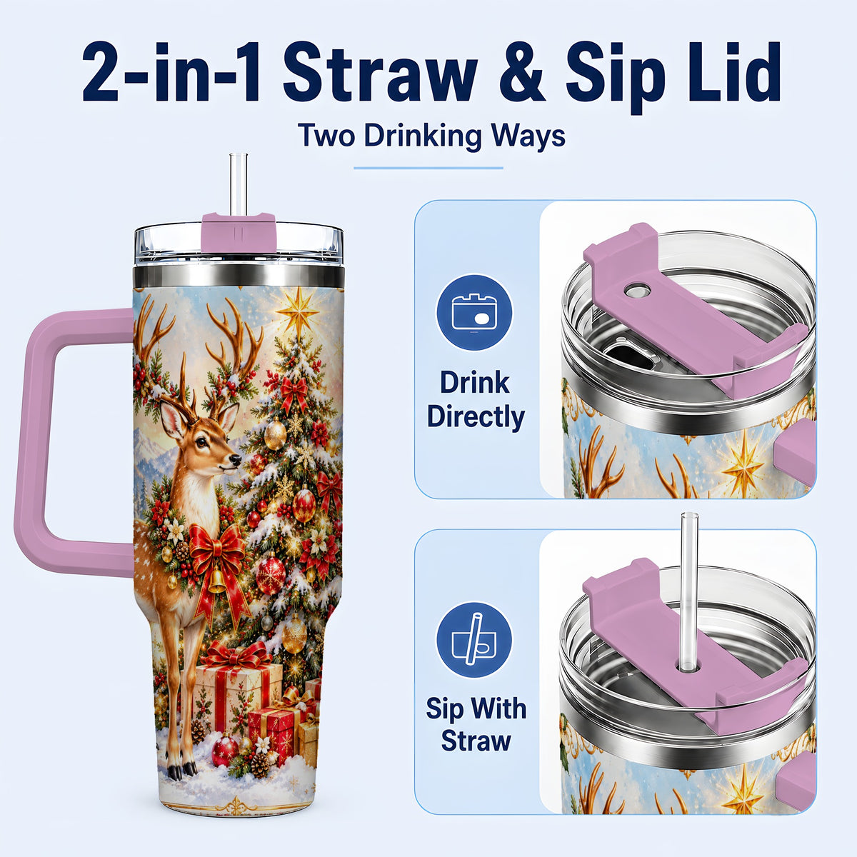 #pl[40oz|Pink] Christmas Deer 40oz Tumbler, Reindeer Tumbler, Stainless Steel Travel Cup