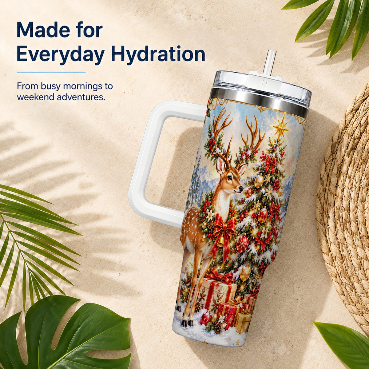 Christmas Deer 40oz Tumbler, Reindeer Tumbler, Stainless Steel Travel Cup