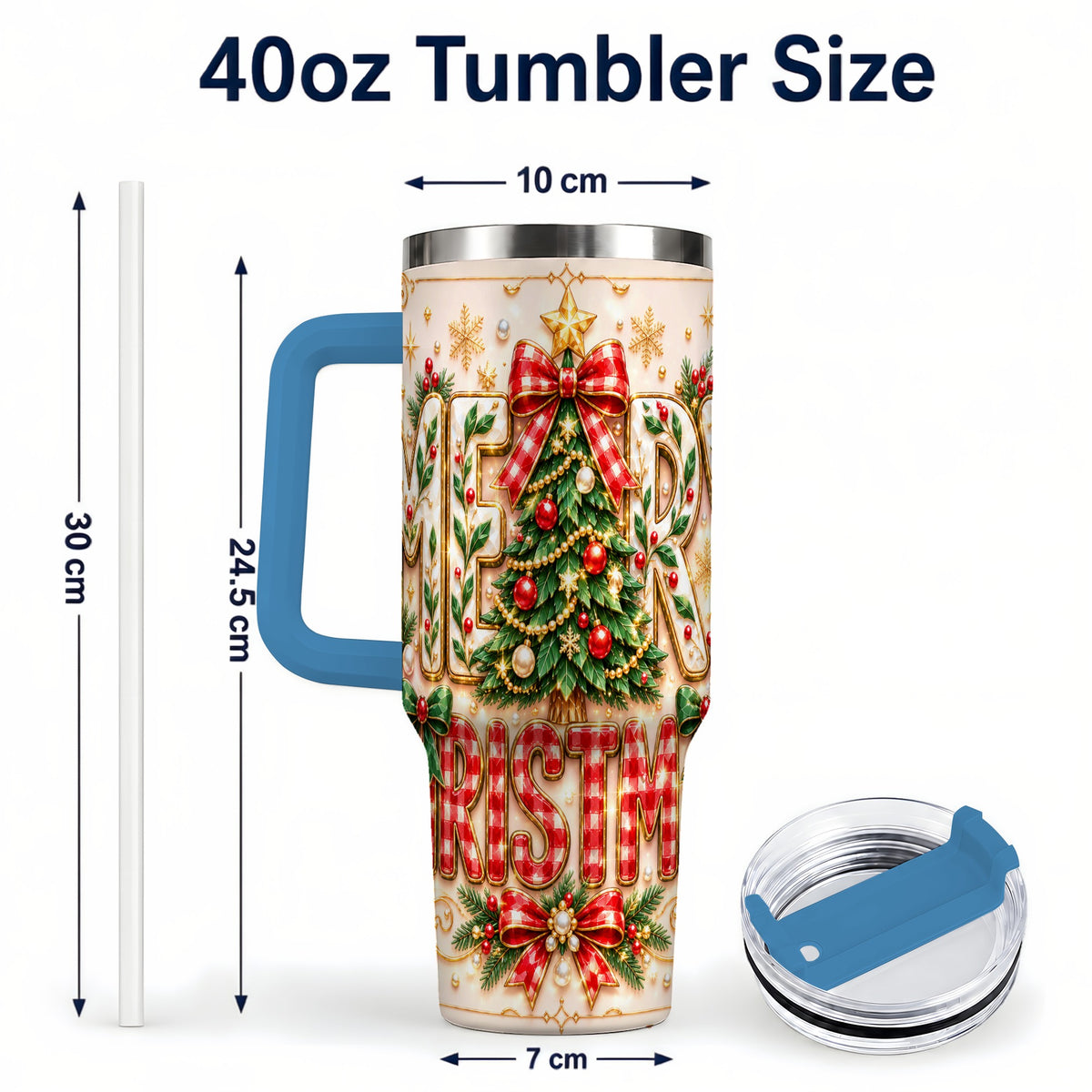 #pl[40oz|Blue] Christmas Tree 40oz Tumbler with Handle, Holiday Stainless Steel Cup