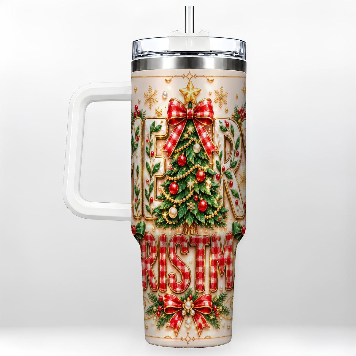 Christmas Tree 40oz Tumbler with Handle, Holiday Stainless Steel Cup