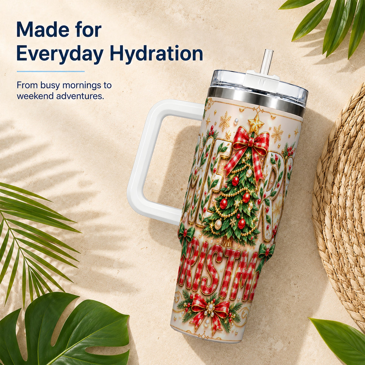 Christmas Tree 40oz Tumbler with Handle, Holiday Stainless Steel Cup