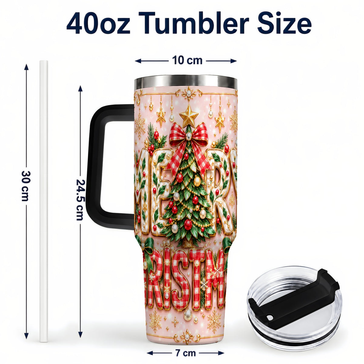 #pl[40oz|Black] Christmas Bow 40oz Tumbler with Handle, Holiday Stainless Steel Cup