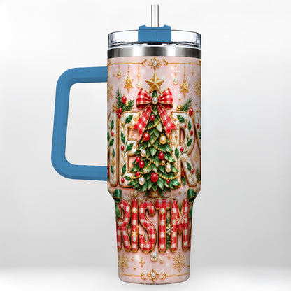 #pl[40oz|Blue] Christmas Bow 40oz Tumbler with Handle, Holiday Stainless Steel Cup