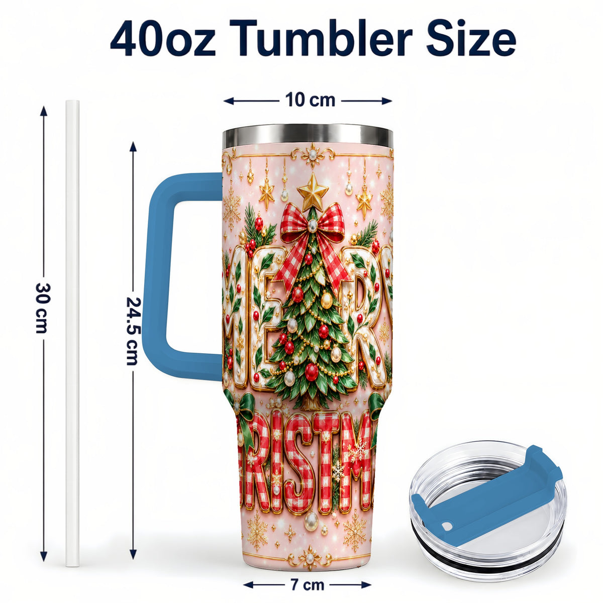 #pl[40oz|Blue] Christmas Bow 40oz Tumbler with Handle, Holiday Stainless Steel Cup