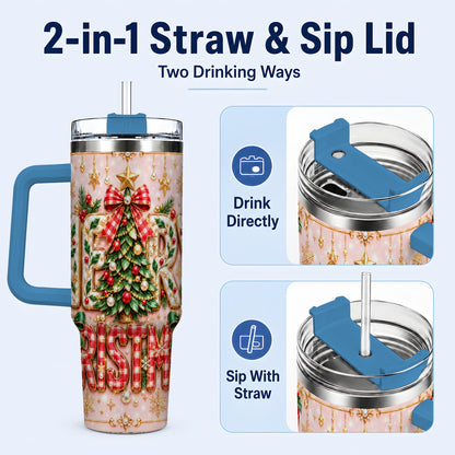 #pl[40oz|Blue] Christmas Bow 40oz Tumbler with Handle, Holiday Stainless Steel Cup