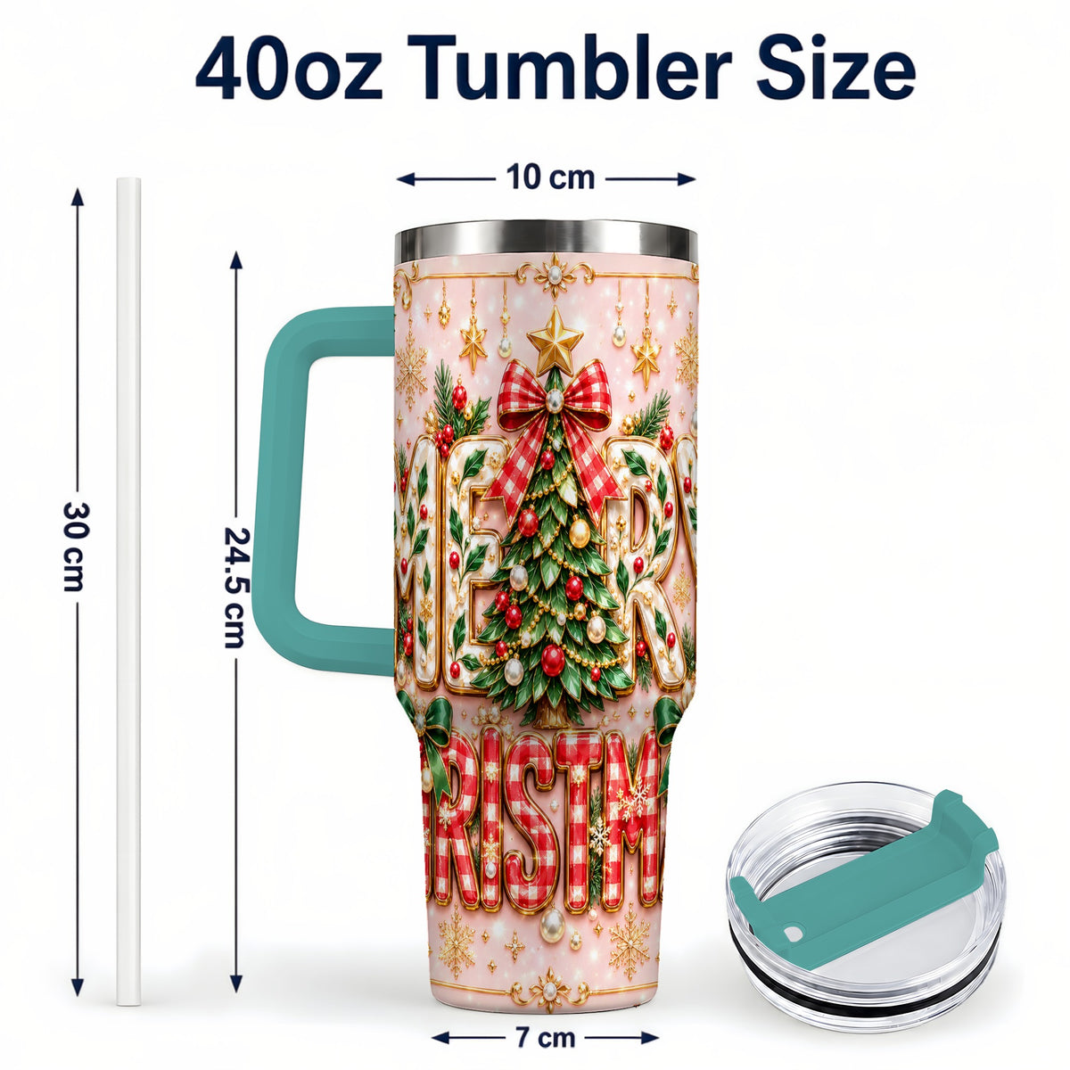 #pl[40oz|Green] Christmas Bow 40oz Tumbler with Handle, Holiday Stainless Steel Cup