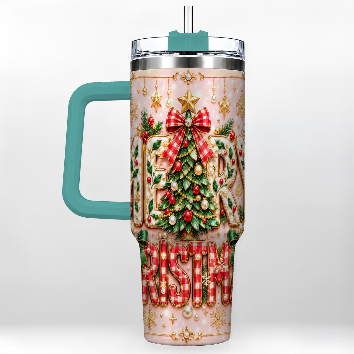 #pl[40oz|Green] Christmas Bow 40oz Tumbler with Handle, Holiday Stainless Steel Cup
