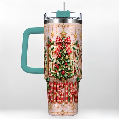 #pl[40oz|Green] Christmas Bow 40oz Tumbler with Handle, Holiday Stainless Steel Cup