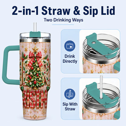#pl[40oz|Green] Christmas Bow 40oz Tumbler with Handle, Holiday Stainless Steel Cup