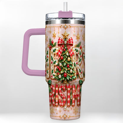 #pl[40oz|Pink] Christmas Bow 40oz Tumbler with Handle, Holiday Stainless Steel Cup