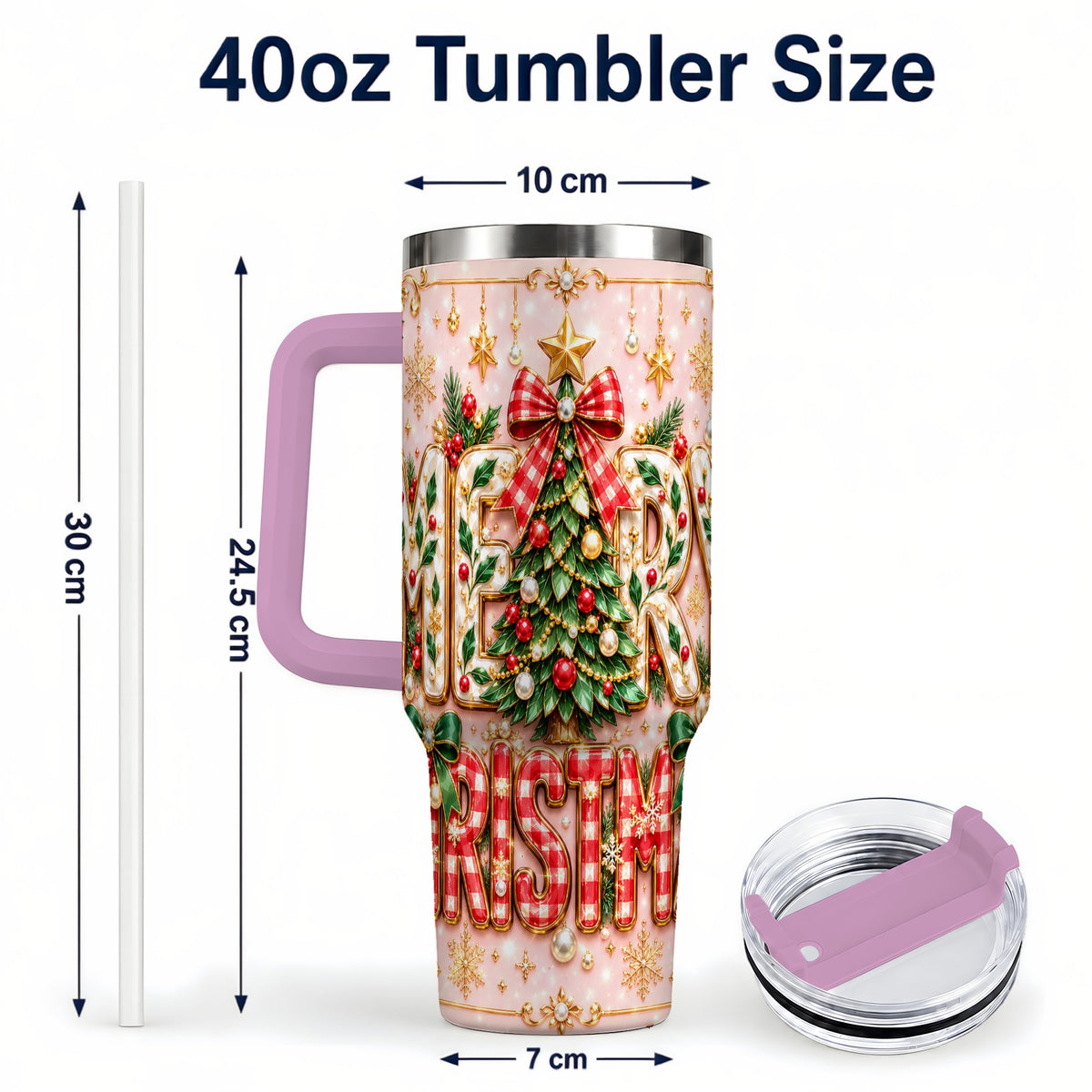 #pl[40oz|Pink] Christmas Bow 40oz Tumbler with Handle, Holiday Stainless Steel Cup