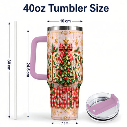 #pl[40oz|Pink] Christmas Bow 40oz Tumbler with Handle, Holiday Stainless Steel Cup
