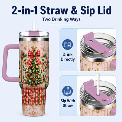 #pl[40oz|Pink] Christmas Bow 40oz Tumbler with Handle, Holiday Stainless Steel Cup