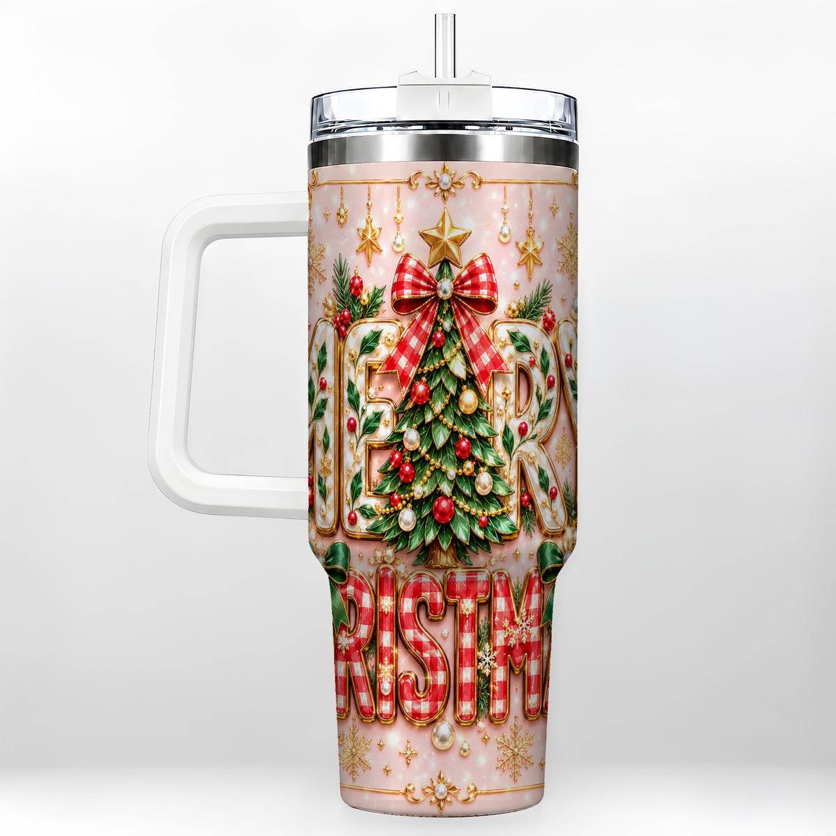 Christmas Bow 40oz Tumbler with Handle, Holiday Stainless Steel Cup