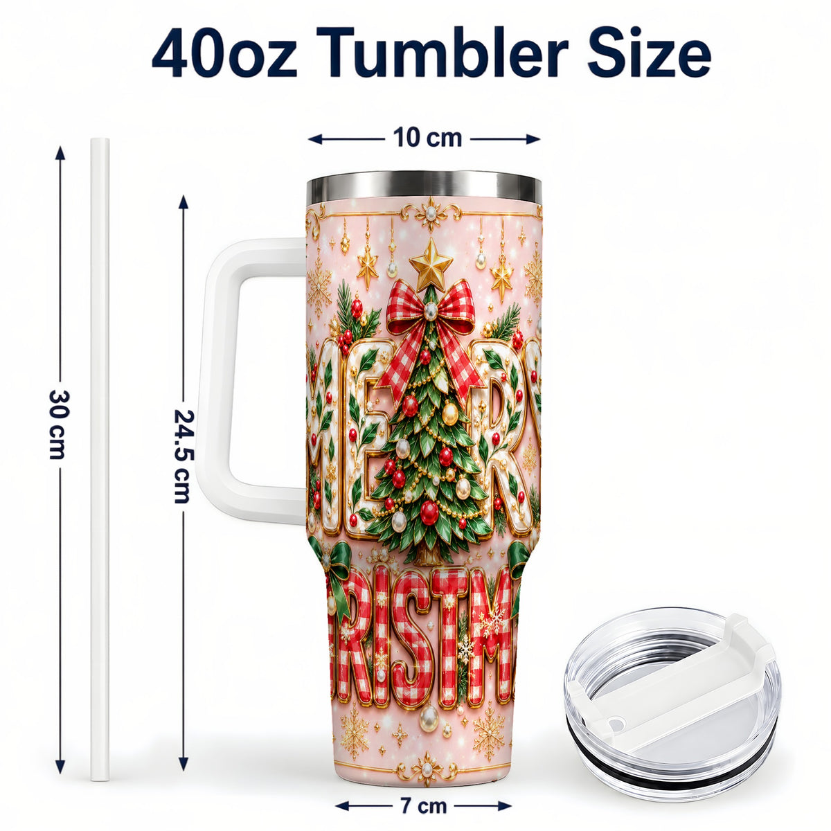#pl[40oz|White] Christmas Bow 40oz Tumbler with Handle, Holiday Stainless Steel Cup