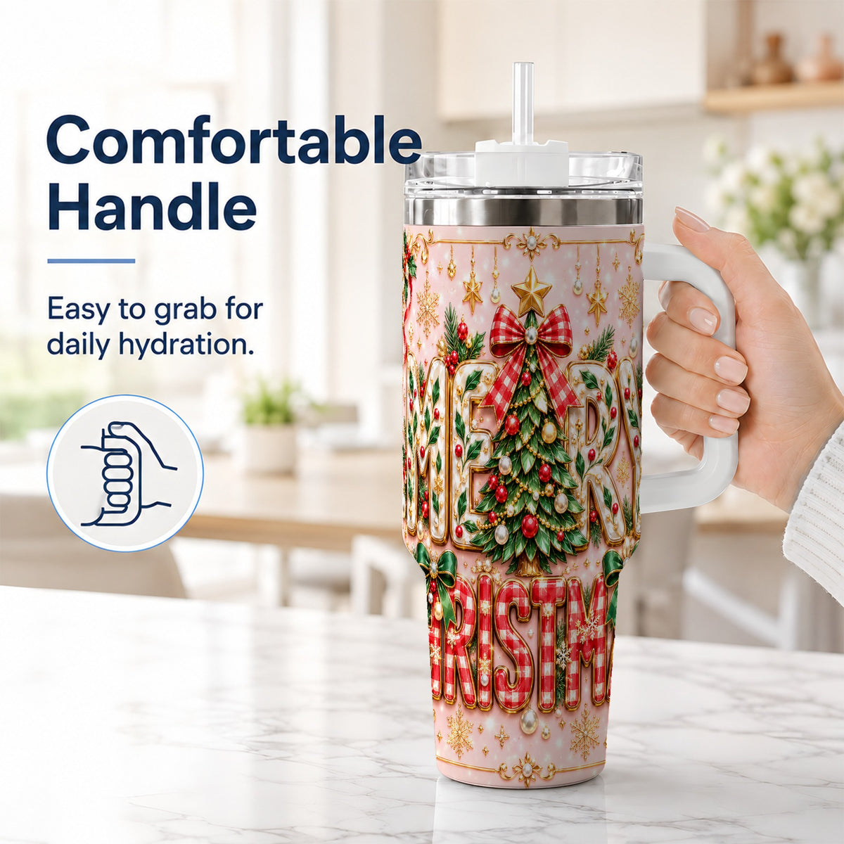 #pl[40oz|White] Christmas Bow 40oz Tumbler with Handle, Holiday Stainless Steel Cup