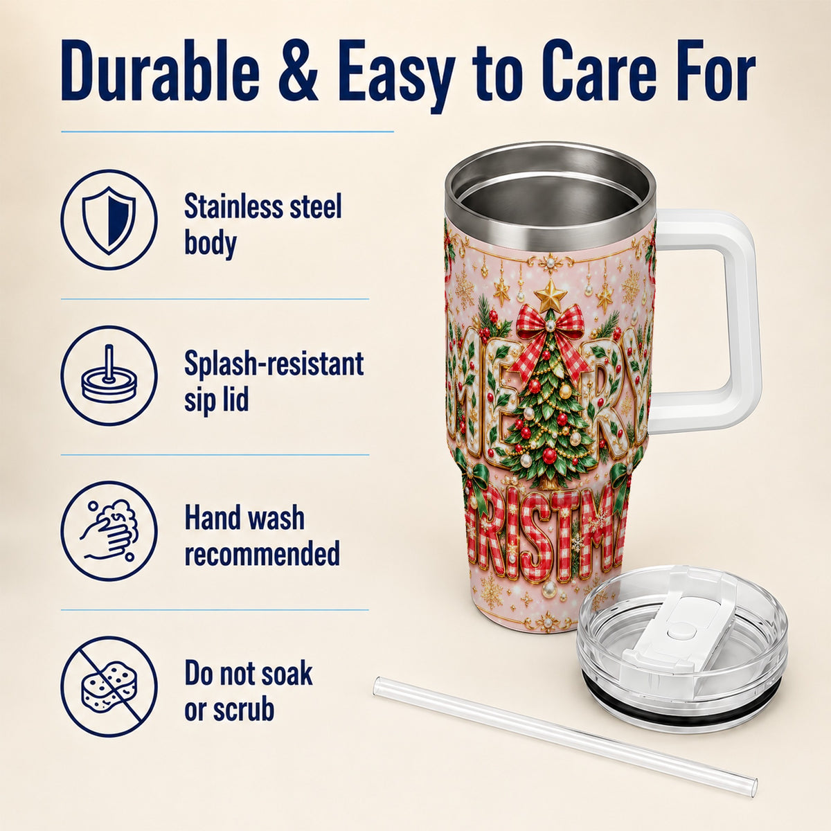 Christmas Bow 40oz Tumbler with Handle, Holiday Stainless Steel Cup
