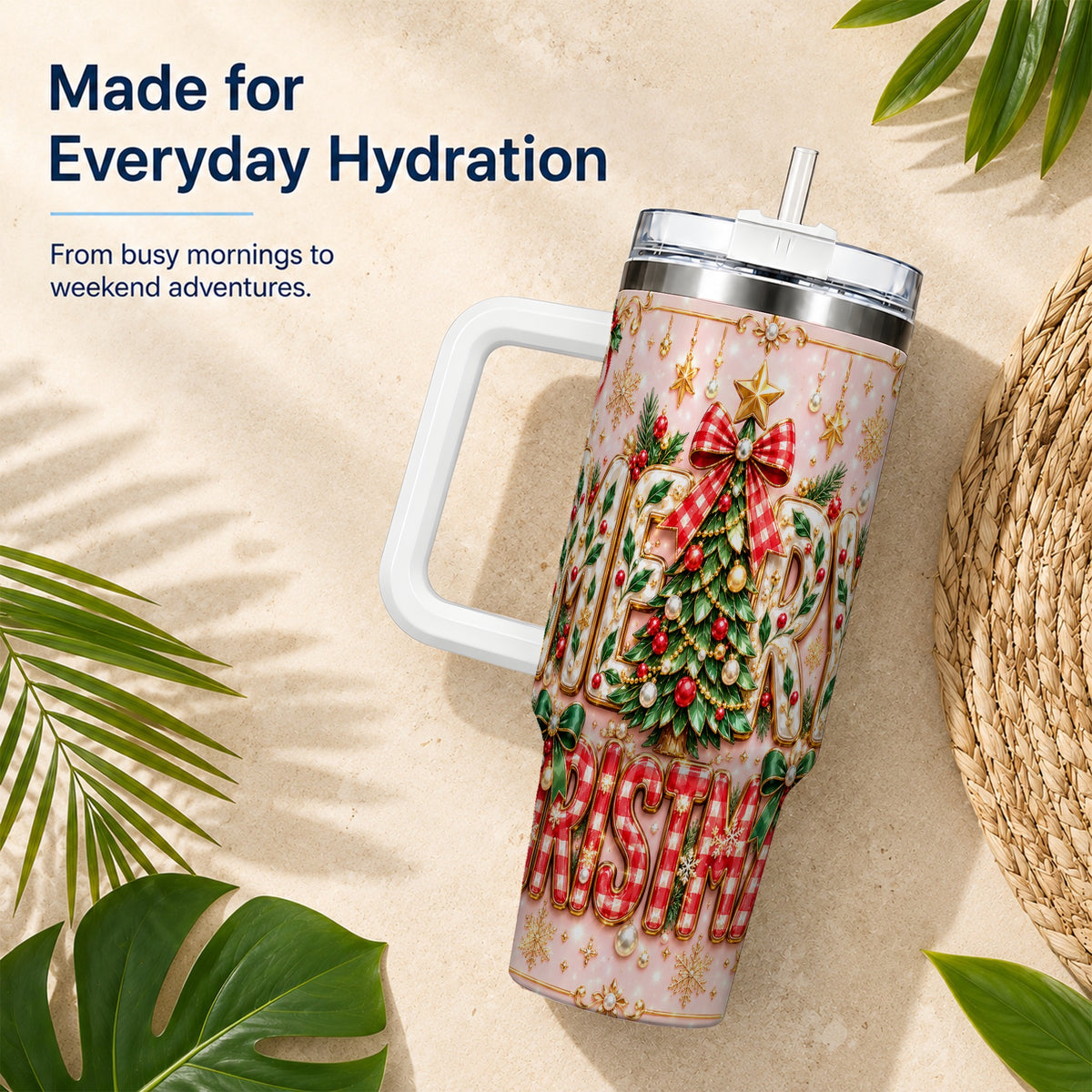 Christmas Bow 40oz Tumbler with Handle, Holiday Stainless Steel Cup