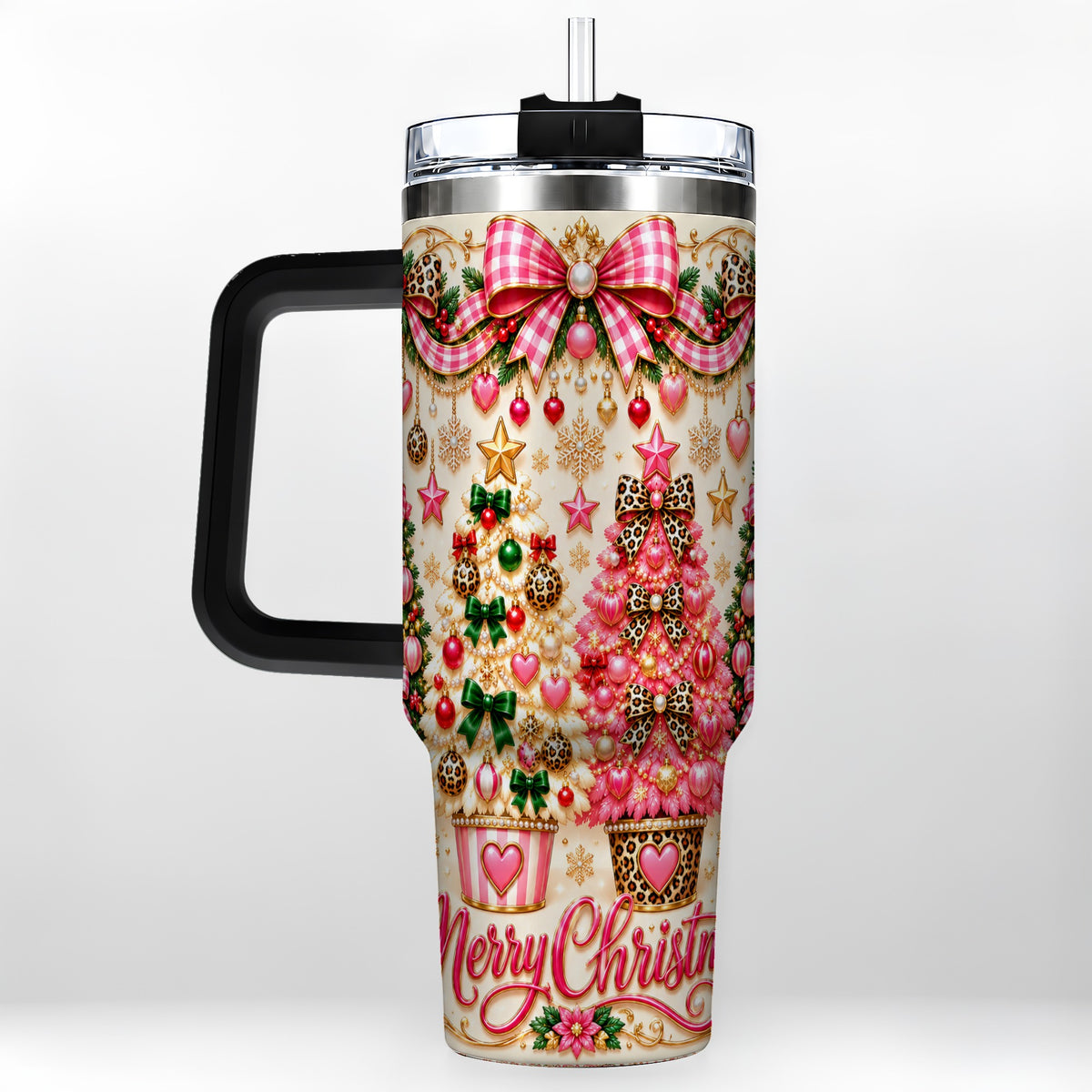 #pl[40oz|Black] Pink Christmas 40oz Tumbler with Handle, Festive Stainless Steel Cup