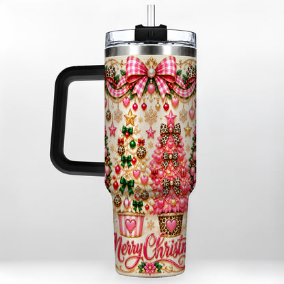 #pl[40oz|Black] Pink Christmas 40oz Tumbler with Handle, Festive Stainless Steel Cup