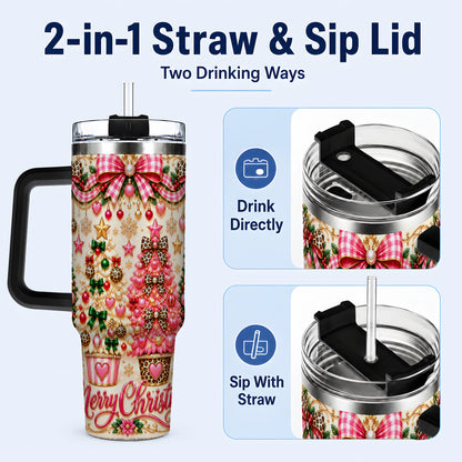 #pl[40oz|Black] Pink Christmas 40oz Tumbler with Handle, Festive Stainless Steel Cup