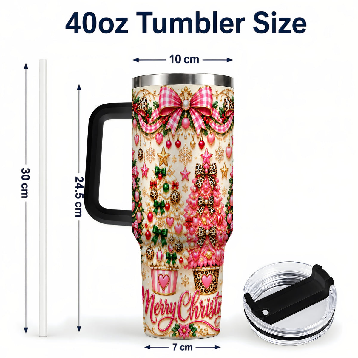 #pl[40oz|Black] Pink Christmas 40oz Tumbler with Handle, Festive Stainless Steel Cup