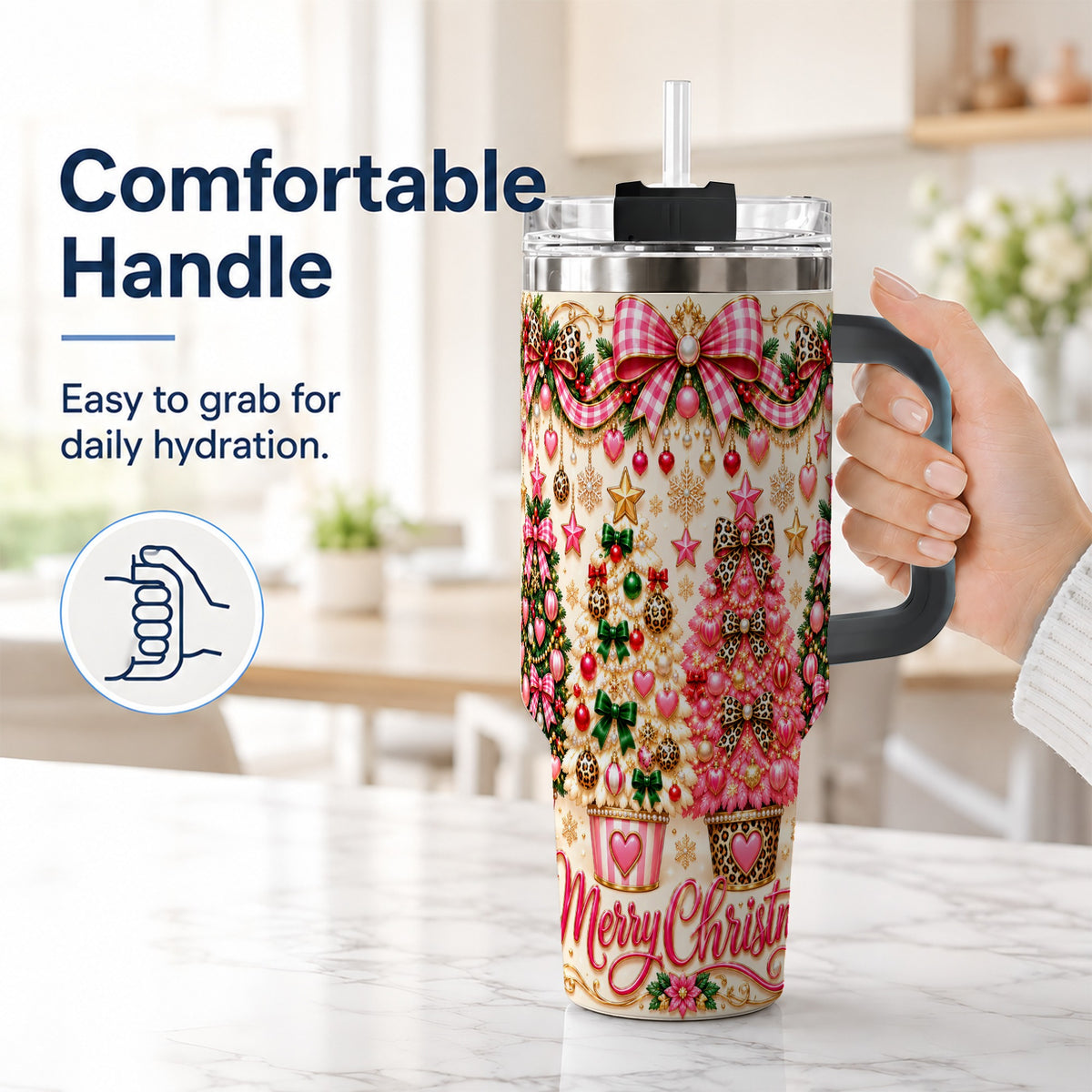 #pl[40oz|Black] Pink Christmas 40oz Tumbler with Handle, Festive Stainless Steel Cup