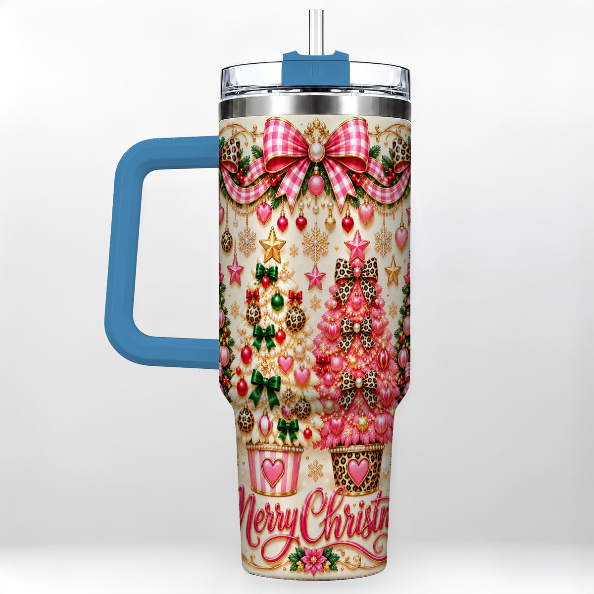 #pl[40oz|Blue] Pink Christmas 40oz Tumbler with Handle, Festive Stainless Steel Cup