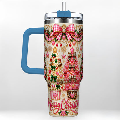 #pl[40oz|Blue] Pink Christmas 40oz Tumbler with Handle, Festive Stainless Steel Cup