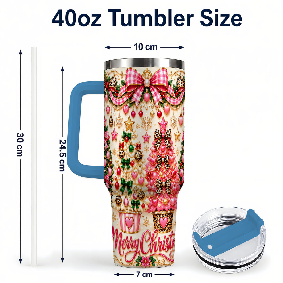 #pl[40oz|Blue] Pink Christmas 40oz Tumbler with Handle, Festive Stainless Steel Cup