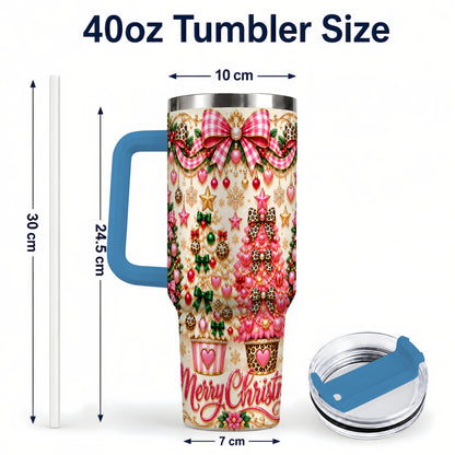 #pl[40oz|Blue] Pink Christmas 40oz Tumbler with Handle, Festive Stainless Steel Cup