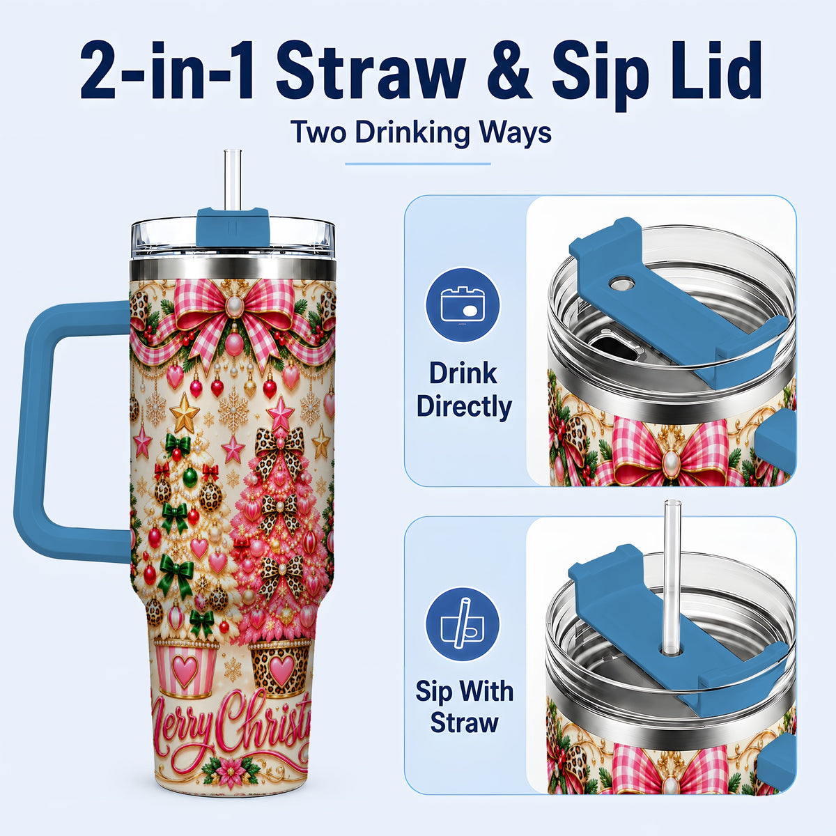 #pl[40oz|Blue] Pink Christmas 40oz Tumbler with Handle, Festive Stainless Steel Cup