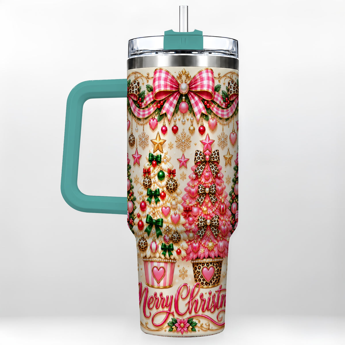 #pl[40oz|Green] Pink Christmas 40oz Tumbler with Handle, Festive Stainless Steel Cup