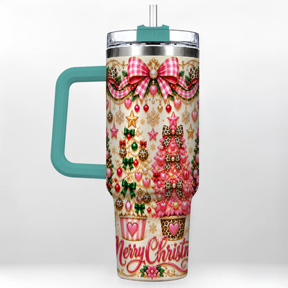 #pl[40oz|Green] Pink Christmas 40oz Tumbler with Handle, Festive Stainless Steel Cup