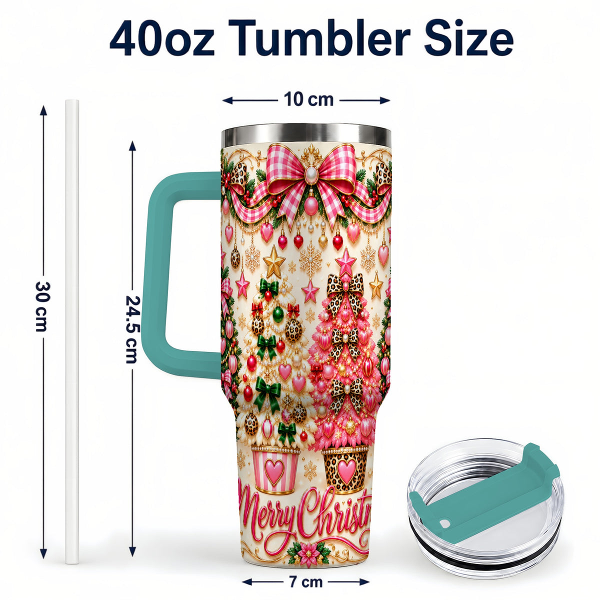 #pl[40oz|Green] Pink Christmas 40oz Tumbler with Handle, Festive Stainless Steel Cup