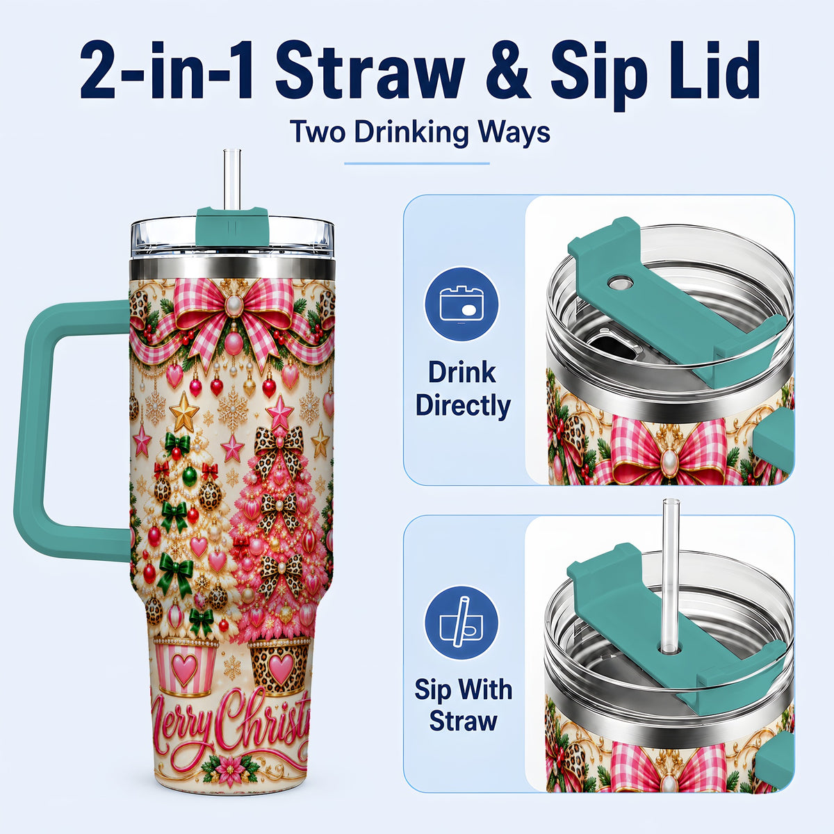 #pl[40oz|Green] Pink Christmas 40oz Tumbler with Handle, Festive Stainless Steel Cup