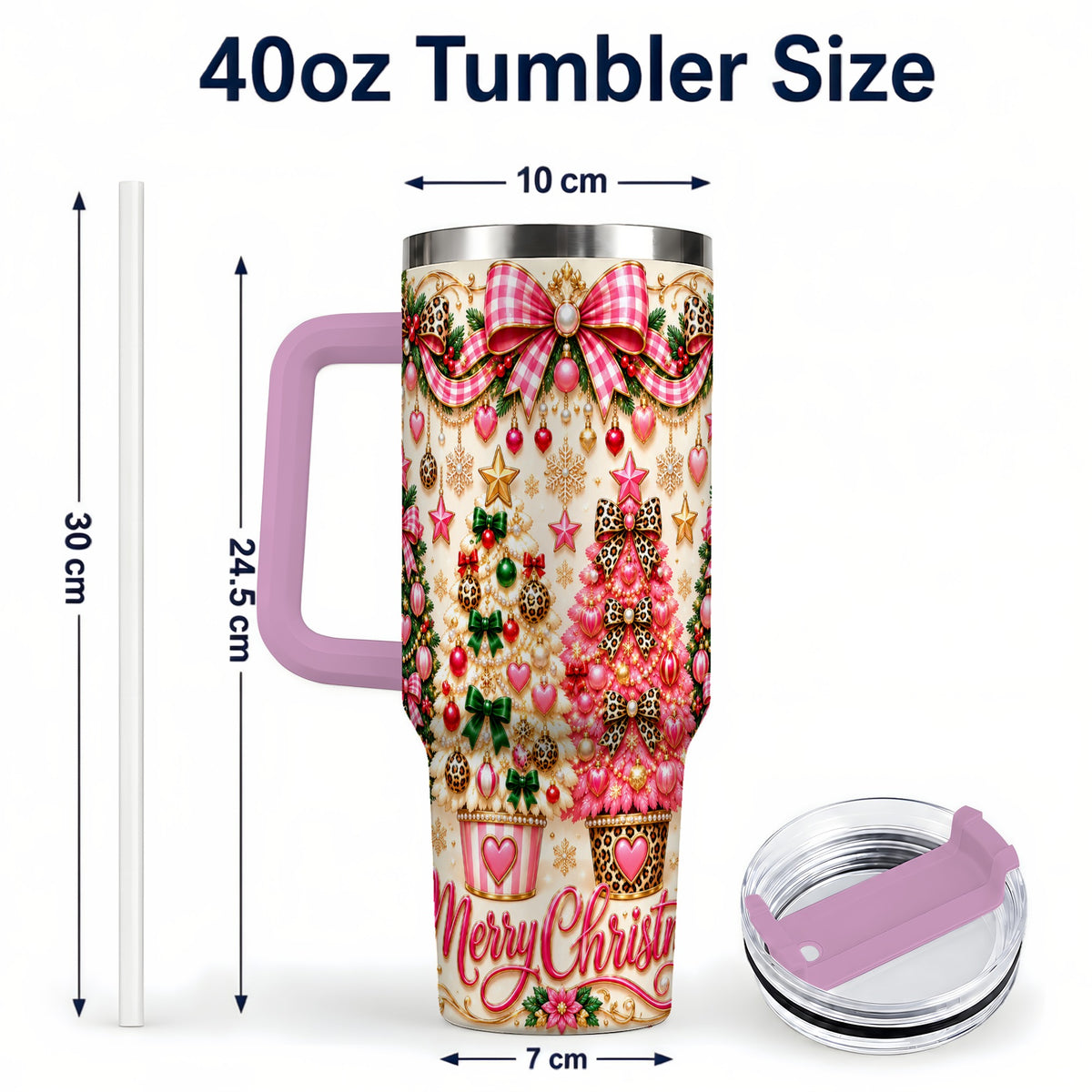 #pl[40oz|Pink] Pink Christmas 40oz Tumbler with Handle, Festive Stainless Steel Cup