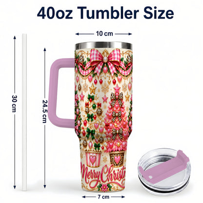 #pl[40oz|Pink] Pink Christmas 40oz Tumbler with Handle, Festive Stainless Steel Cup