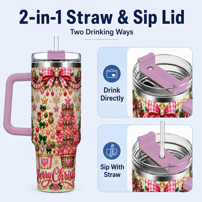 #pl[40oz|Pink] Pink Christmas 40oz Tumbler with Handle, Festive Stainless Steel Cup